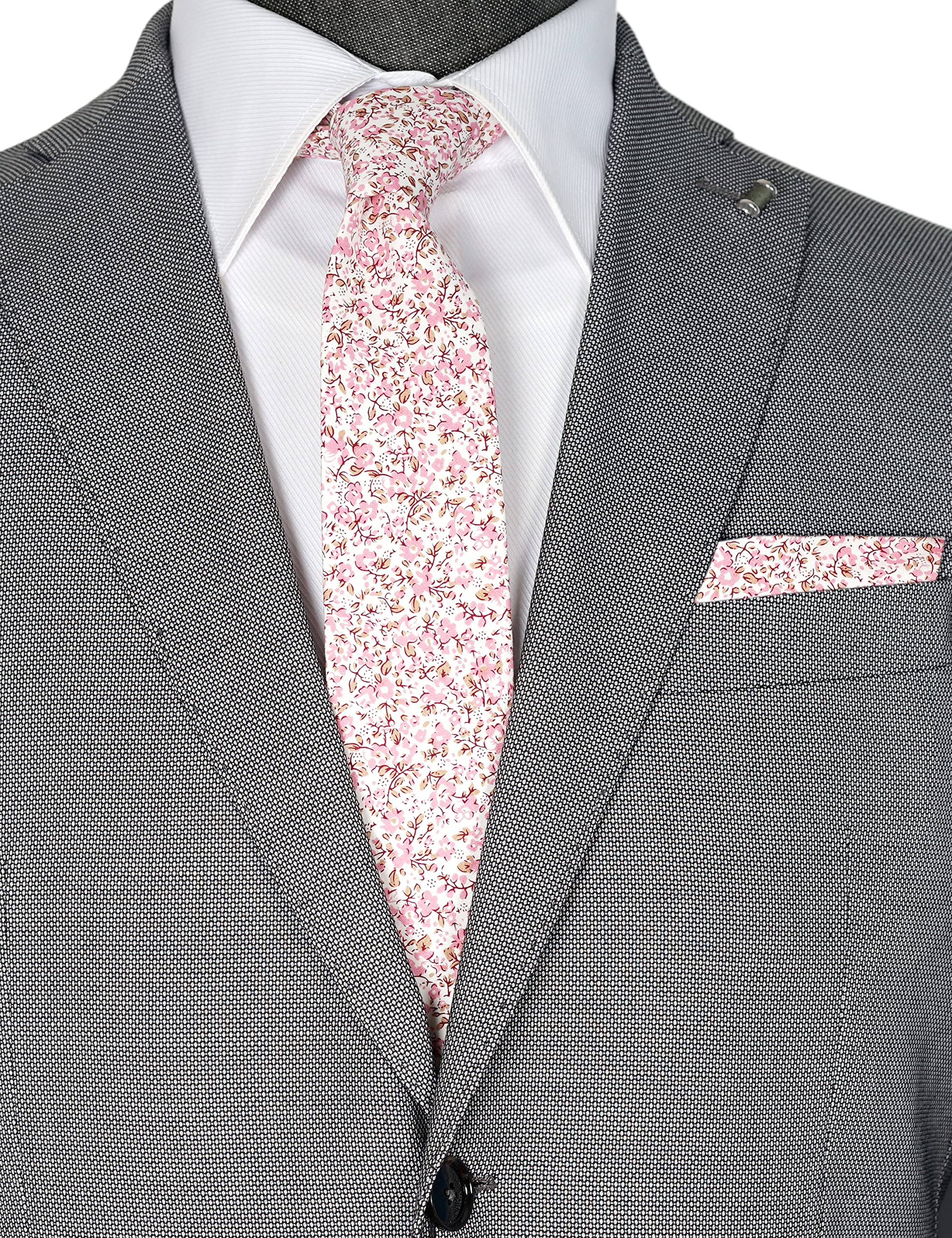 ZENXUS Mens Cotton Skinny Pink Floral Tie Combo Set with Pocket Square Pink Daisy