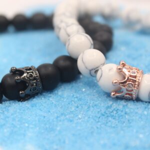 UEUC Distance Couple Bracelets with CZ Crown King&Queen Black&White Howlite 8mm Beads Bracelet