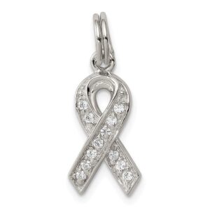 Solid 925 Sterling Silver CZ Cubic Zirconia Awareness Ribbon Pendant (9mm x 15mm)