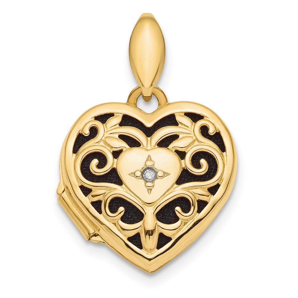 Diamond2Deal 14K Yellow Gold 15mm Polished Filigree Diamond Accent Heart Locket Pendant, 0.01Ct