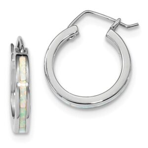 Sterling Silver White Simulated Opal Hoop Earrings (3.3mm x 21.6mm)