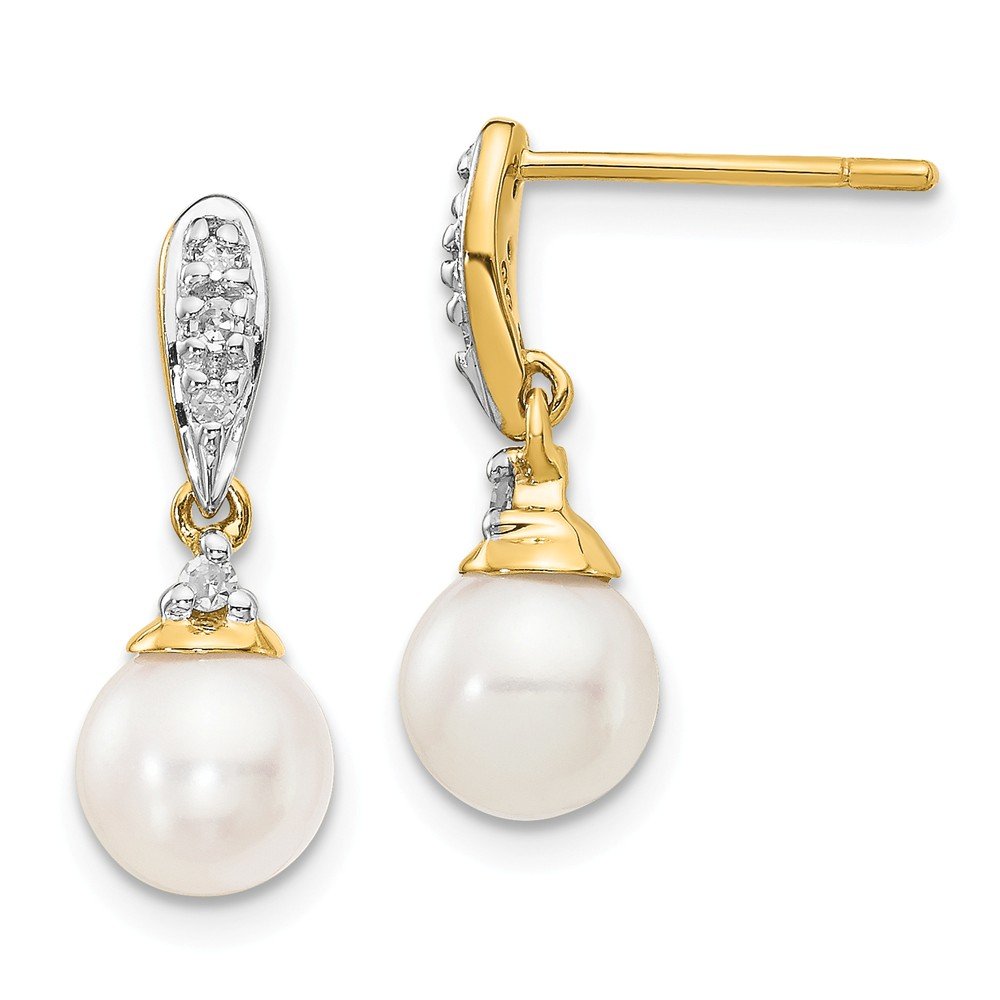 Solid 14k Yellow Gold Diamond and 6-7mm Round FW Cultured Pearl Post Dangle Earrings