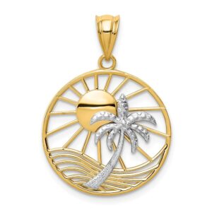 Solid 14k Gold Two Tone Sun & Palm Tree Pendant (20mm x 22mm)