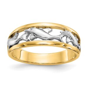 size 8 - solid 14k yellow and white gold two tone dolphin ring (6mm)