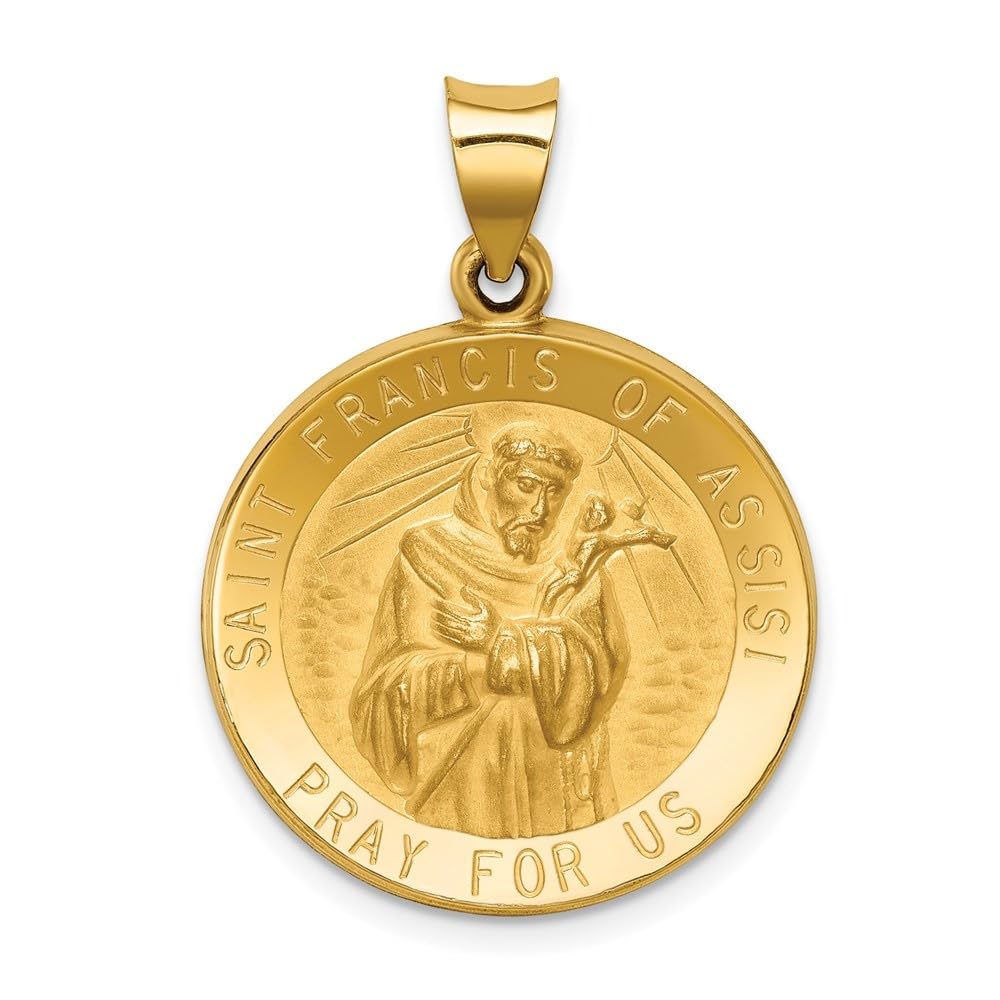 Diamond2Deal 14k Yellow Gold Polished and Satin St. Francis of Assisi Medal Pendant (L- 29.75 mm W- 21.8 mm)