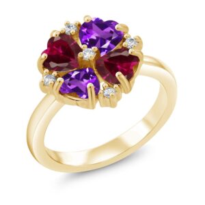 gem stone king 18k yellow gold plated silver purple amethyst and red created ruby ring for women (2.08 cttw, heart shape 5mm, gemstone february birthstone, size 8)