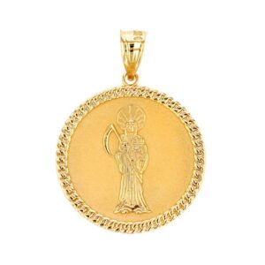 10k Yellow Gold Santa Muerte (Grim Reaper) Cuban Link Frame Medallion Pendant