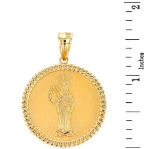 10k Yellow Gold Santa Muerte (Grim Reaper) Cuban Link Frame Medallion Pendant