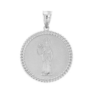 Sterling Silver Santa Muerte (Grim Reaper) Cuban Link Frame Round Medal Pendant