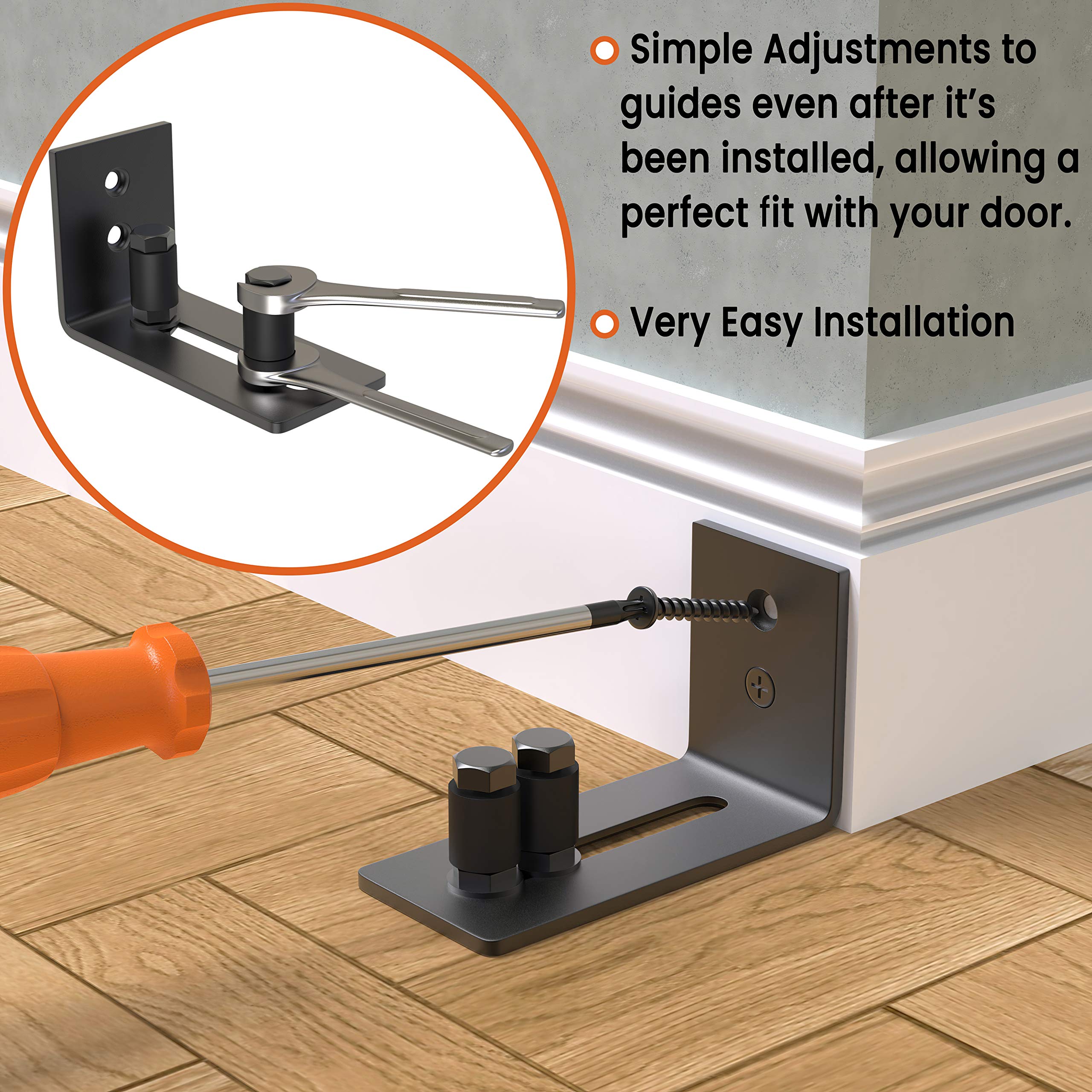 Island Hardware Barn Door Floor Guide Black - Adjustable Wall Mount Barn Door Stopper Stay Roller - Interior/Exterior Barn Door Track Hardware - Bottom Sliding Door Guide for Pocket Closet Barn Doors