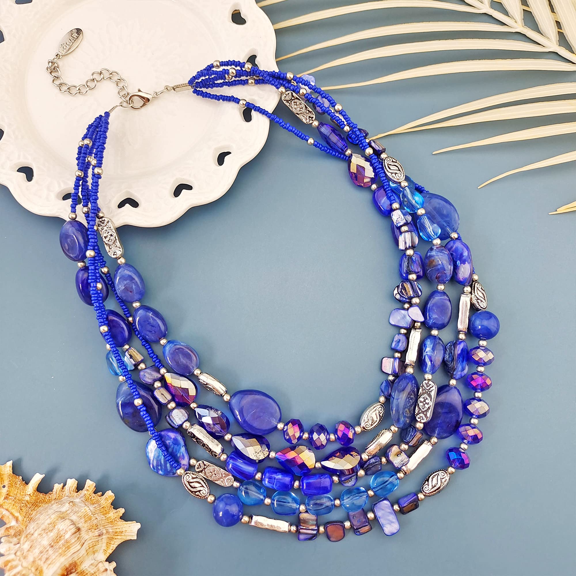 Bocar Multi Layer 5 Strand Statement Collar Beaded Necklace for Women Gift (NK-10376-blue)