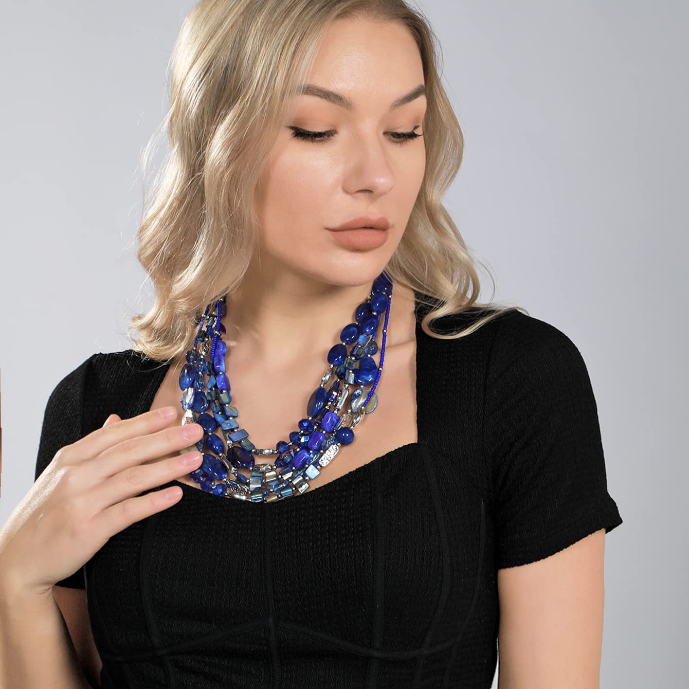 Bocar Multi Layer 5 Strand Statement Collar Beaded Necklace for Women Gift (NK-10376-blue)