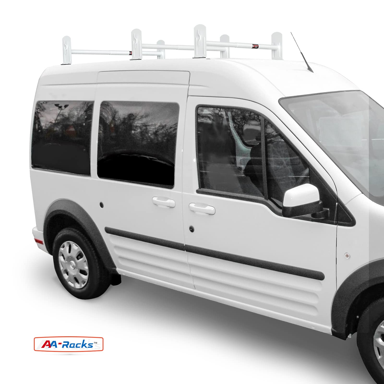 AA-Racks Model DX36 Compatible Transit Connect 2008-13 Steel 3 Bar Utility Drilling Van Roof Ladder Rack System - Matte White