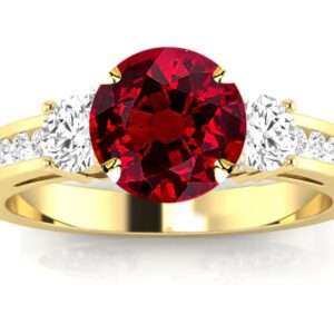 Houston Diamond District 14K Yellow Gold Channel Set 3 Three Stone Diamond Engagement Ring with a 0.5 Carat Ruby Heirloom Quality Center Size 8