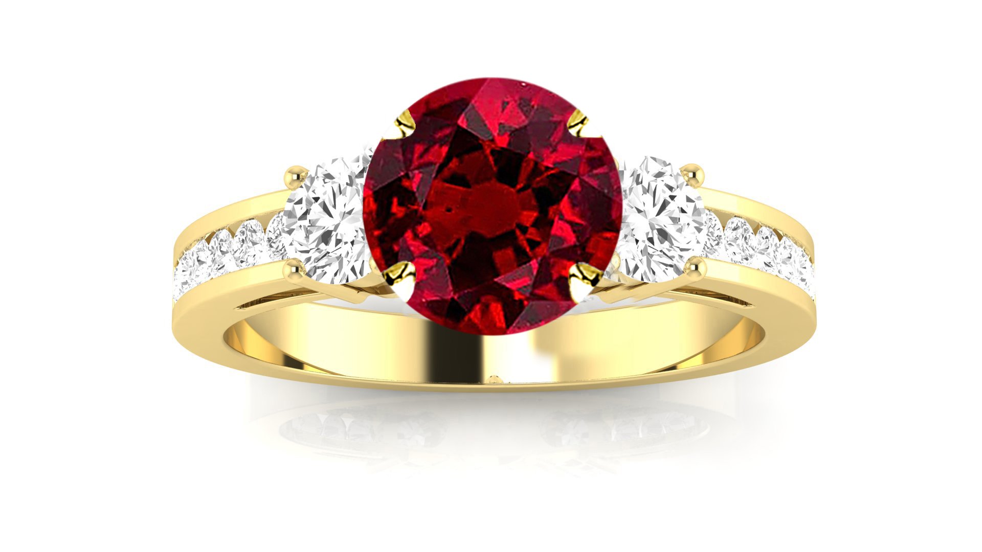 Houston Diamond District 14K Yellow Gold Channel Set 3 Three Stone Diamond Engagement Ring with a 0.5 Carat Ruby Heirloom Quality Center Size 8