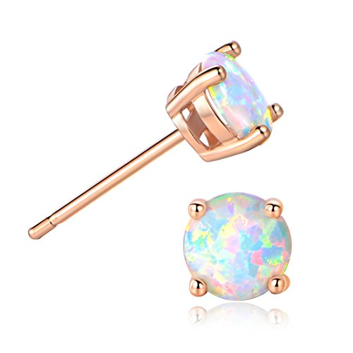 GEMSME 18K Rose Gold Plated Opal Stud Earrings 6MM Round For Women (6mm 1 Pairs)