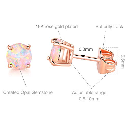 GEMSME 18K Rose Gold Plated Opal Stud Earrings 6MM Round For Women (6mm 1 Pairs)