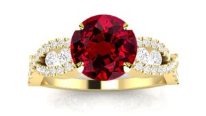 14k yellow gold designer twisting eternity channel set four prong diamond engagement ring with a 0.75 carat ruby heirloom quality center