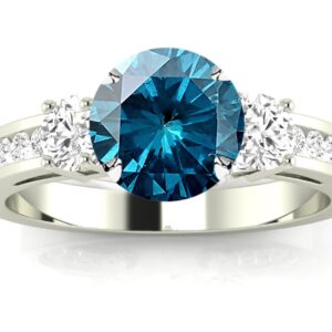 14K White Gold Channel Set 3 Three Stone Diamond Engagement Ring with a 0.75 Carat Blue Diamond Heirloom Quality Center