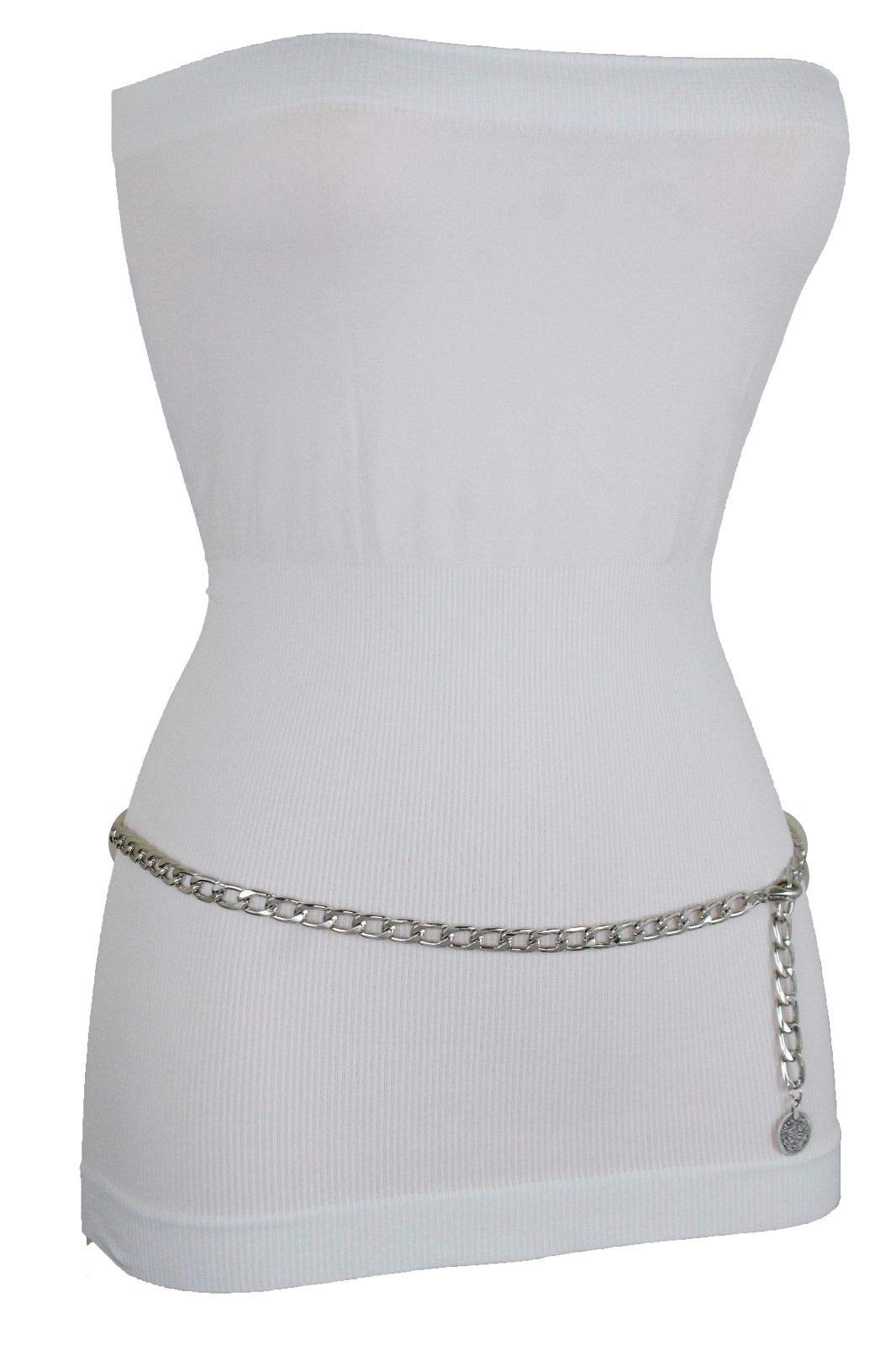 Women Fashion Skinny Belt High Waist Hip Silver Metal Chain Coin Charm Buckle Fit Size XS S M