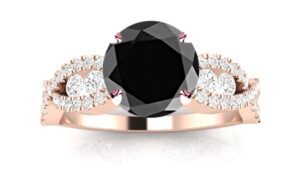 14k rose gold designer twisting eternity channel set four prong diamond engagement ring with a 2 carat black diamond heirloom quality center