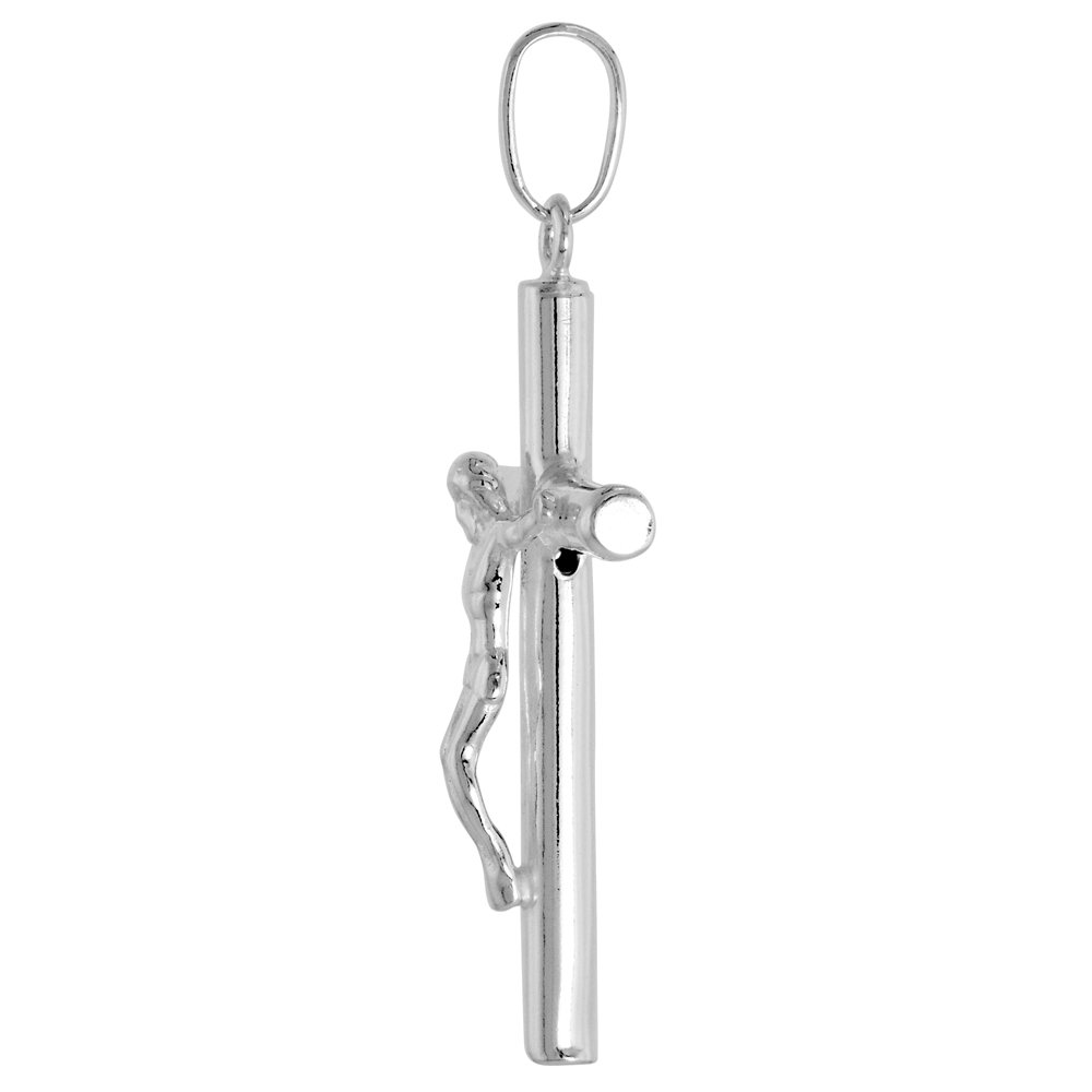 Sterling Silver Large Plain Crucifix Pendant 5mm Tubular High Polished 2 3/4 inch