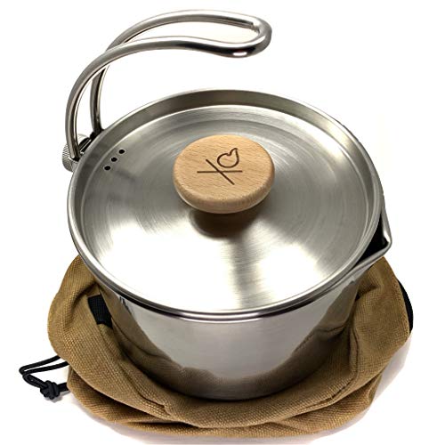 überleben Kessel Stainless Steel Camping Kettle for Boiling Water - Camping Tea Kettle w/Locking Lid & Steam Vents, 37fl oz (1.1L) - Camp Fire Coffee Pot w/Canvas Bag - Bushcraft Camping Essentials