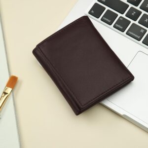 Leatherboss Genuine Leather Boys Slim Compact Flap Id and Coin Pocket Trifold Wallet for men women, Dark Brown