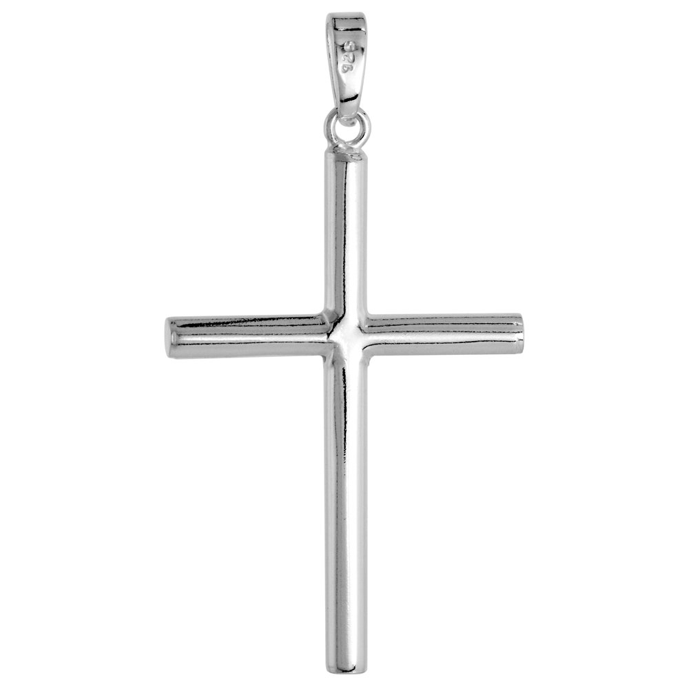 Sterling Silver Large Plain Cross Pendant for Men and Women 5mm Tubular High Polished 2 3/4 inch