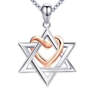 apotie silver star of david pendant with rose gold heart necklace mother day jewelry gift for mom women (rose gold heart star of david necklace)