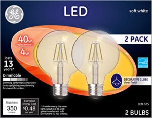 ge lighting led globe light bulbs, g25 bulb, 4 watt (40 watt equivalent) soft white, clear finish, medium base, dimmable (2 pack)