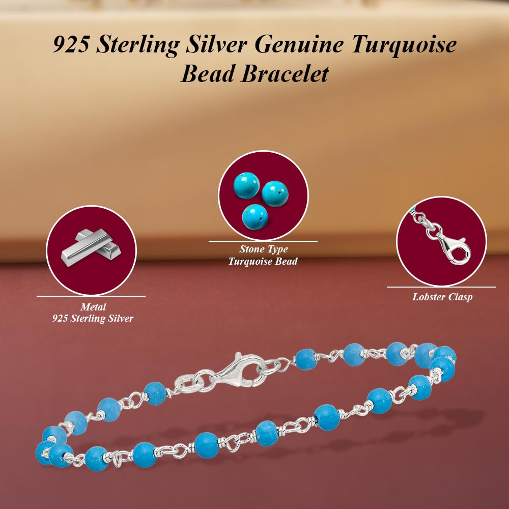 Diamond2Deal 925 Sterling Silver Genuine Turquoise Bead Bracelet 7.5" for Women