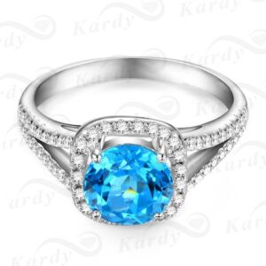 Kardy Natural Blue Topaz Gemstone Real Diamond Solid 14K White Gold for Women Lady Wedding Engagement Ring Set