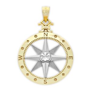 Charm America - Gold Two-Tone Compass Charm - 10 Karat Solid Gold - Nautical Jewelry Pendant (Large)