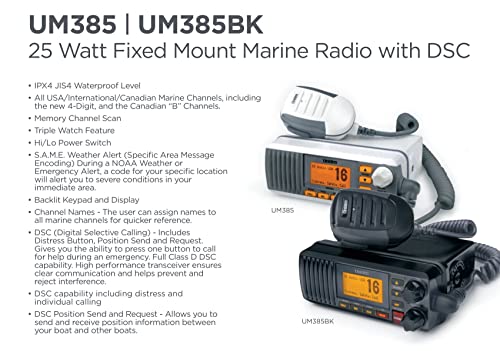 Uniden UM385 25 Watt Fixed Mount Marine Vhf Radio, Waterproof IPX4 with Triple Watch, Dsc, Emergency/Noaa Weather Alert, All Usa/International/Canadian Marine Channels, Memory Channel Scan, White