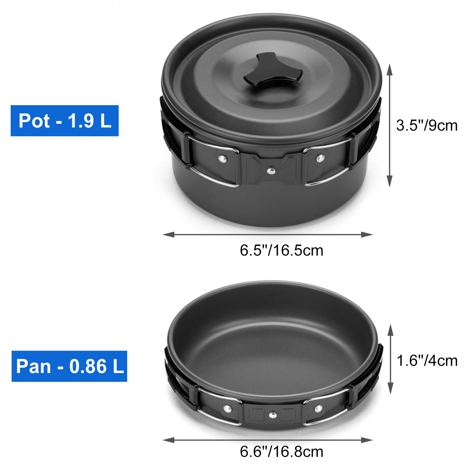 Odoland Camping Cookware Mess Kit, Lightweight Pot Pan Kettle with 2 Cups, Fork Spoon Kit Stainless Steel, gray for Backpacking, Outdoor Camping Hiking and Picnic