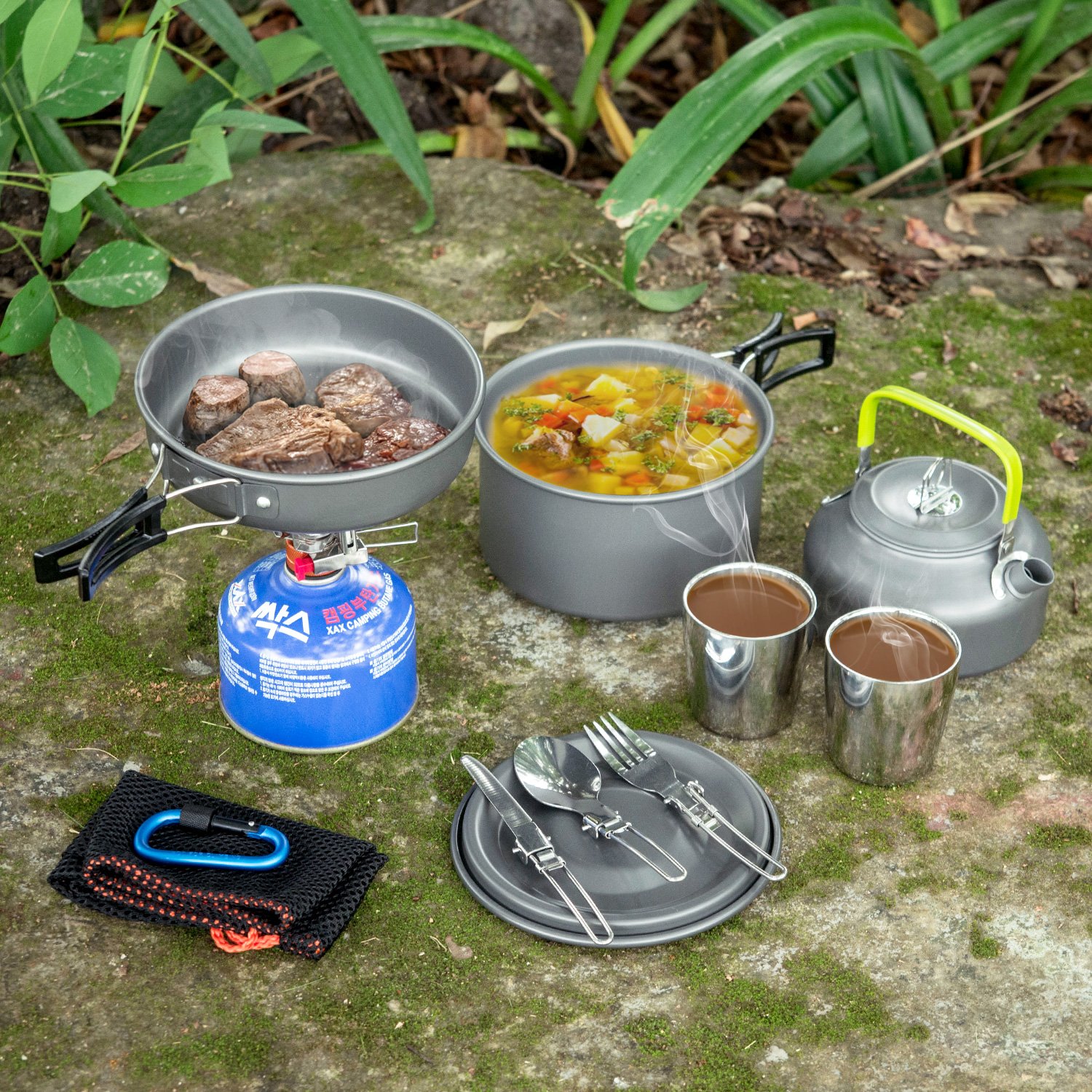 Odoland Camping Cookware Mess Kit, Lightweight Pot Pan Kettle with 2 Cups, Fork Spoon Kit Stainless Steel, gray for Backpacking, Outdoor Camping Hiking and Picnic