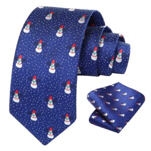 hisdern men's christmas ties navy blue snowman funny necktie and pocket square festival holiday xmas tie for vacation party with gift box