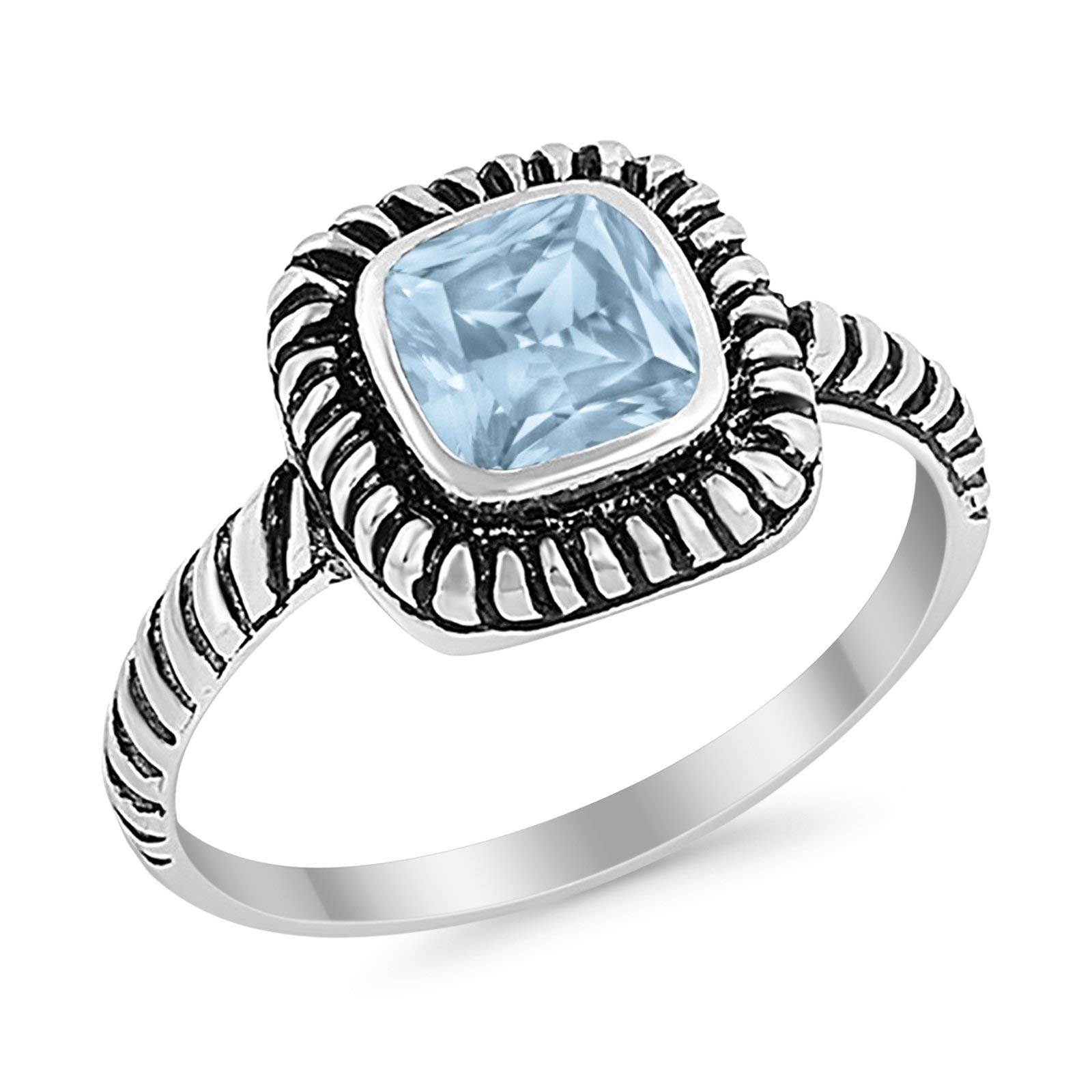 Blue Apple Co. Simulated Aquamarine Cubic Zirconia Size-6 Cable Shank Design Bezel Set Princess Cut Wedding Ring Round Simulated Cubic Zirconia 925 Sterling Silver