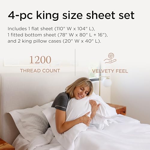 Threadmill 100% Supima Cotton Sheets King Size - 1200 Thread Count, 4Pc King Size Sheets Set, Smooth Sateen Weave King Sheets, Ultra Luxury Bed Sheets, 17" Deep Pocket King Sheet Set - White Sheets