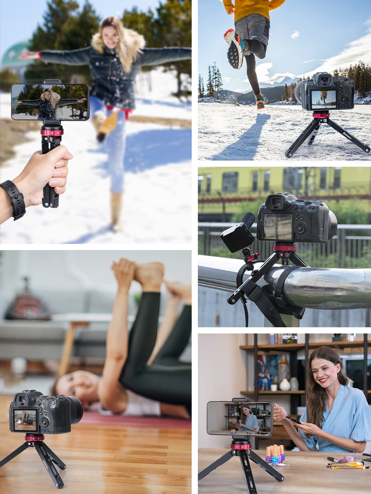 Mini Camera Tripod, Moman Tabletop Short Tripod Desktop TR01 with 1/4 and 3/8 Screw Mount and Function Leg CNC Aluminum Tripod for DSLR Camera/GoPro/Video/Camcorder, Max Payload of 176 Lbs/80Kg, Red