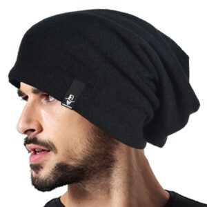 VECRY Mens Slouchy Beanie Knit Skull Cap Long Baggy Hip-hop Winter Summer Hat B305 (B305-Black)