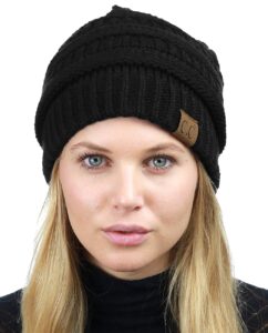 c.c unisex chunky soft stretch cable knit warm fuzzy lined skully beanie, black