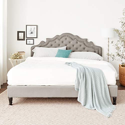 HomeLife Premiere Classics 51" Tall Platform Bed with Cloth Headboard and Slats - King (Light Grey Linen)