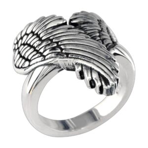 Large Wings of Love with Black, Winged Love, Angel Heart Wings Ring, 22mm in Sterling Silver Size 5.5