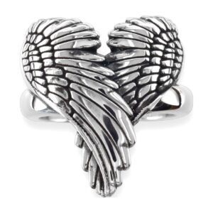 Large Wings of Love with Black, Winged Love, Angel Heart Wings Ring, 22mm in Sterling Silver Size 5.5