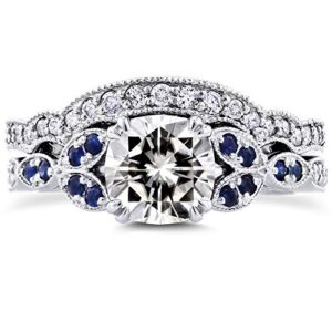 Kobelli Vintage Style Floral Cushion Moissanite (GH) with Sapphire and Diamond Accents Bridal Set 1 1/2 Carat TGW in 14k White Gold - Size 8.5