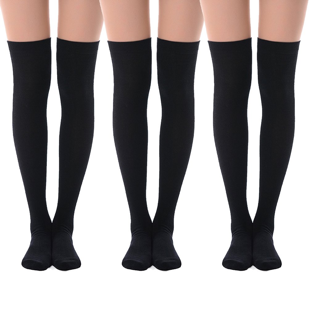 MEIKAN Over the Knee Socks for Women, Thigh High Socks, Black Over Knee Socks, Above Knee High Socks, Opaque Stockings Cosplay Cotton Womens Long Socks 3 Pairs (Black)