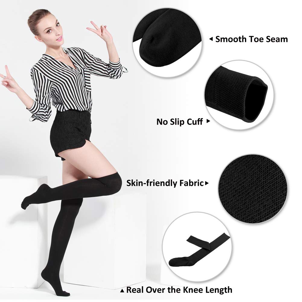 MEIKAN Over the Knee Socks for Women, Thigh High Socks, Black Over Knee Socks, Above Knee High Socks, Opaque Stockings Cosplay Cotton Womens Long Socks 3 Pairs (Black)