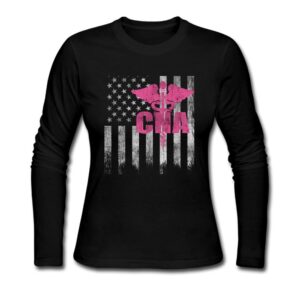 roungo woman cna flag - american flag cotton comfort long sleeve tee crew neck